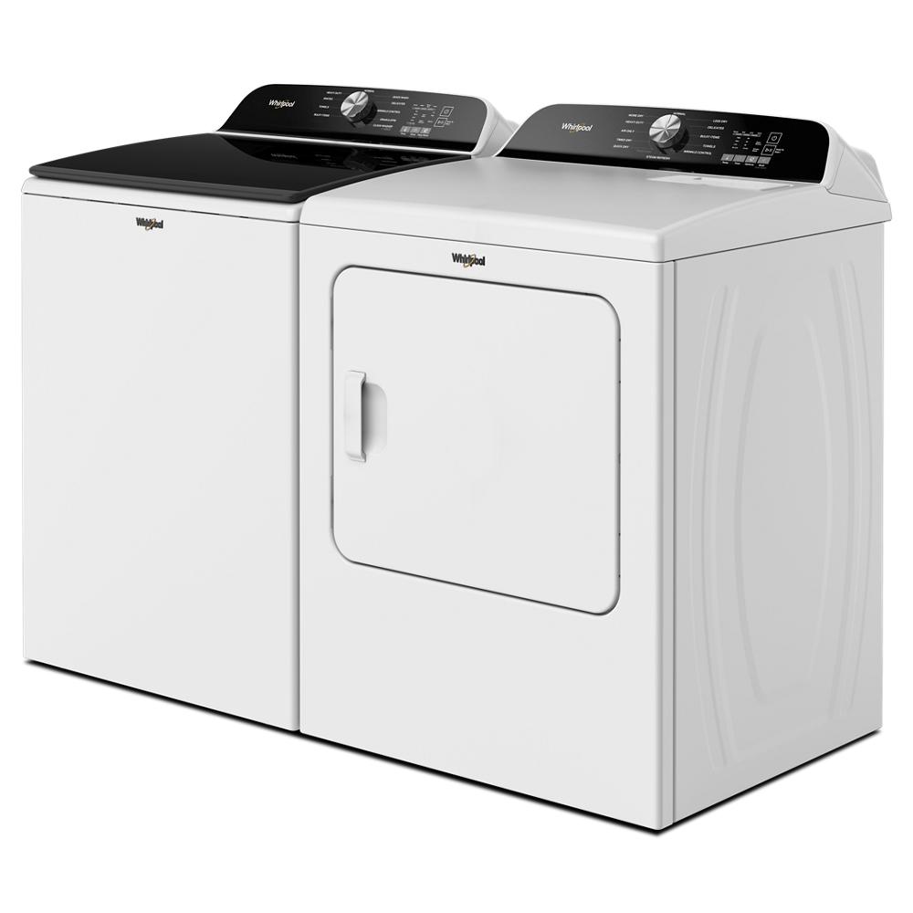 White Whirlpool washer and matching dryer side by side in a modern laundry appliance set for home improvement