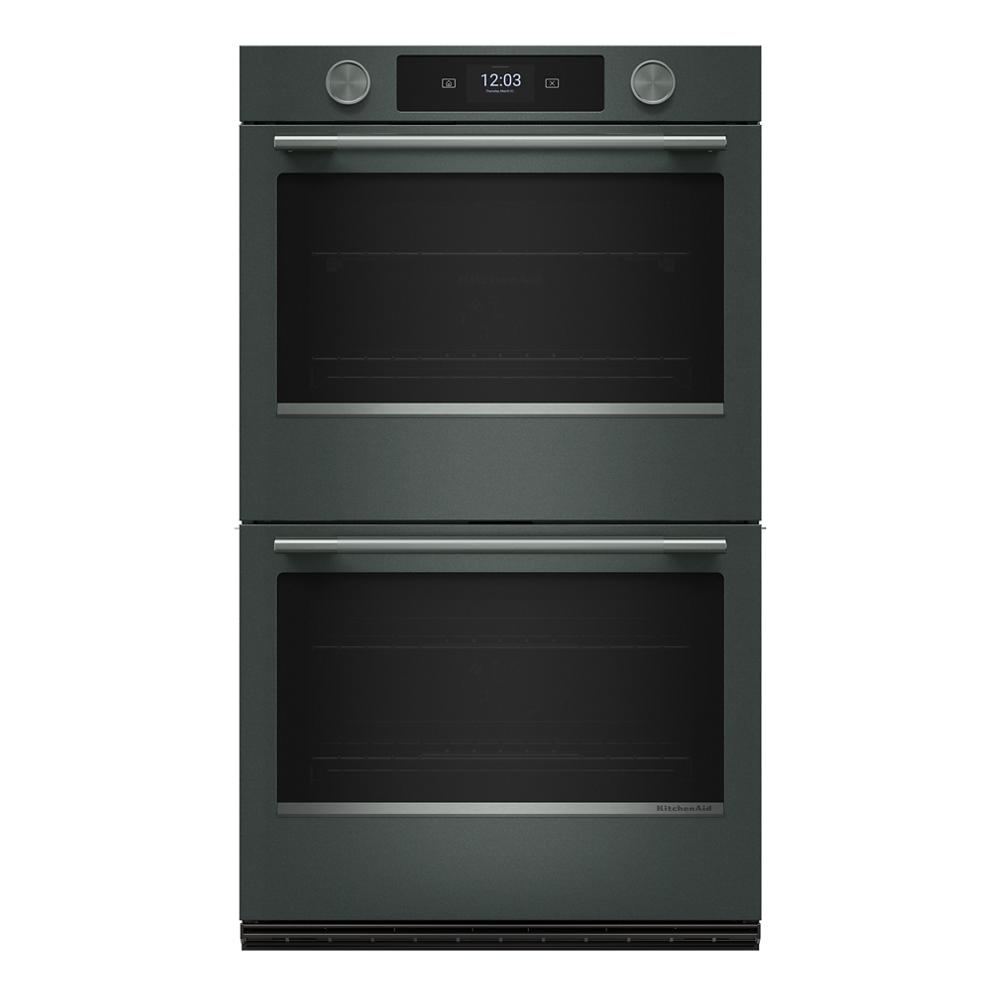 Modern 30-inch black smart electric double wall oven with LED touchscreen and stainless steel handles in kitchen appliances collection