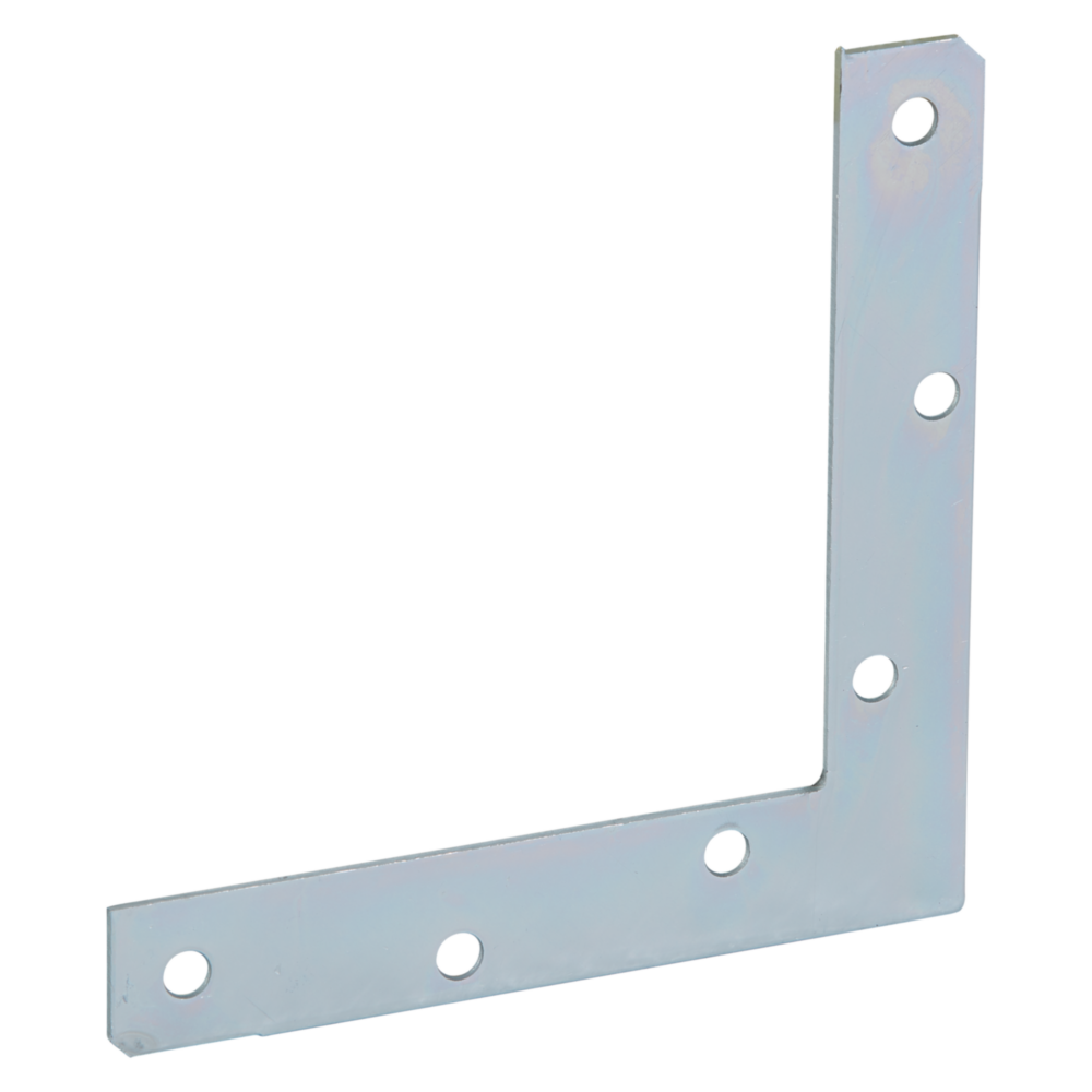 Zinc-coated flat corner iron brace with pre-drilled holes for reinforcement in building hardware and lumber materials collections
