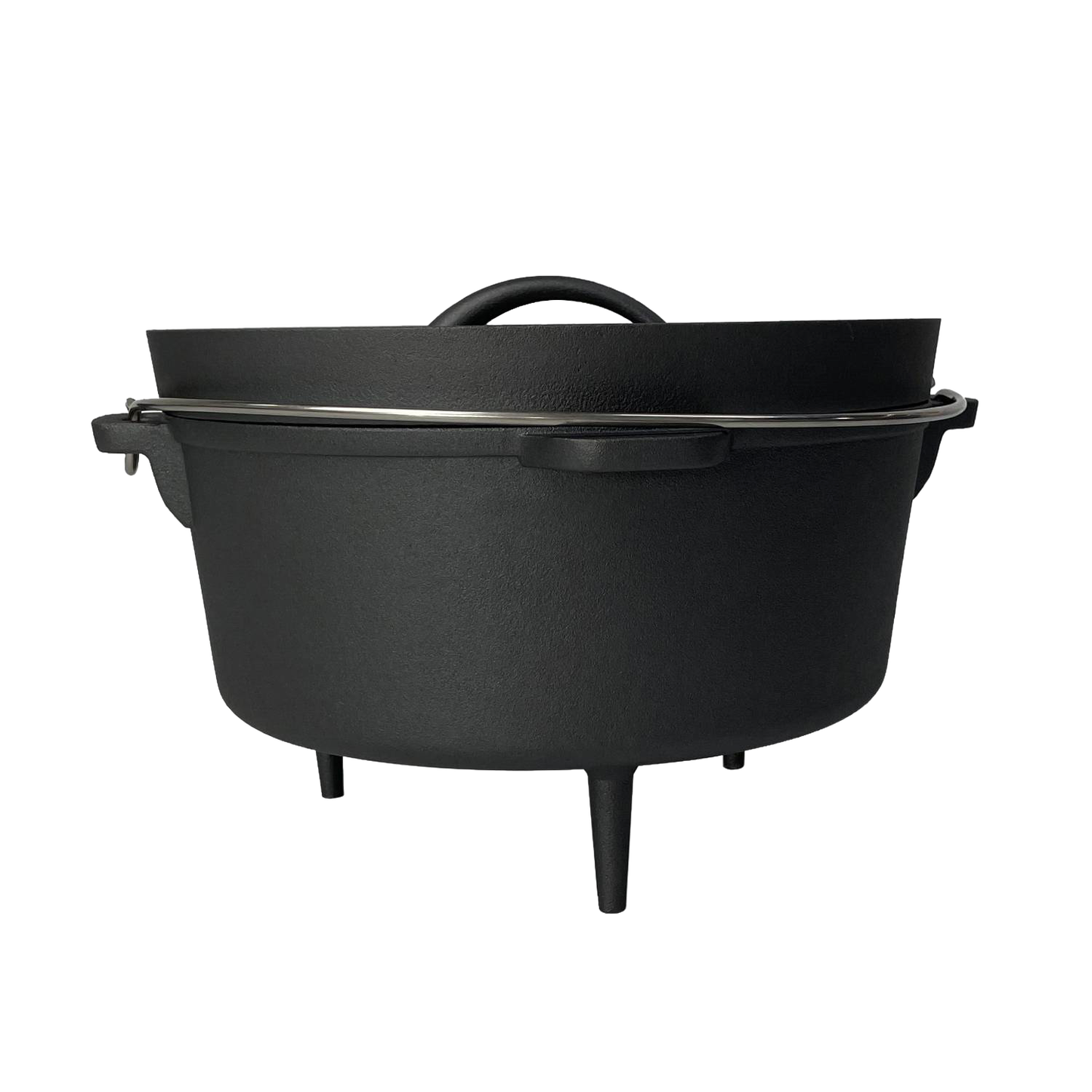 Black nitrogen hardened cast iron Dutch oven with lid and three legs for outdoor and kitchenware use