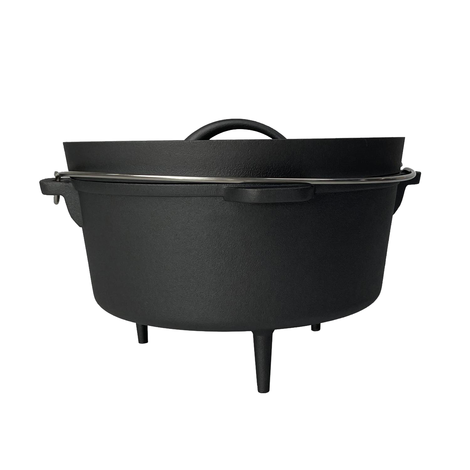 Black nitrogen hardened cast iron Dutch oven with lid and three legs for outdoor and kitchenware use