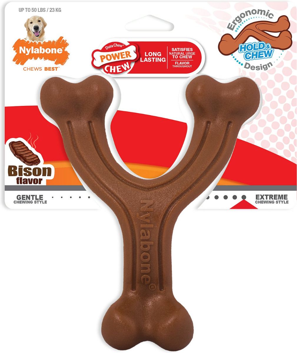 Durable bison-flavored chew toy with ergonomic wishbone shape for strong chewers up to 50 lbs