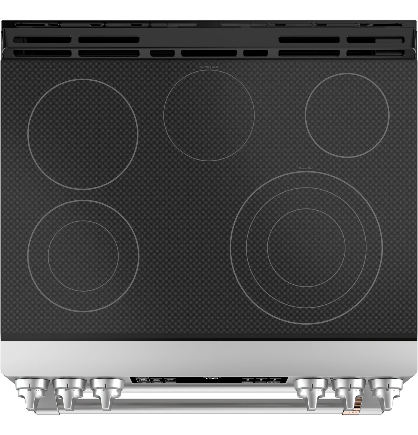 Top view of stainless steel smart slide-in range with radiant cooktop and multiple heating elements in kitchen collection