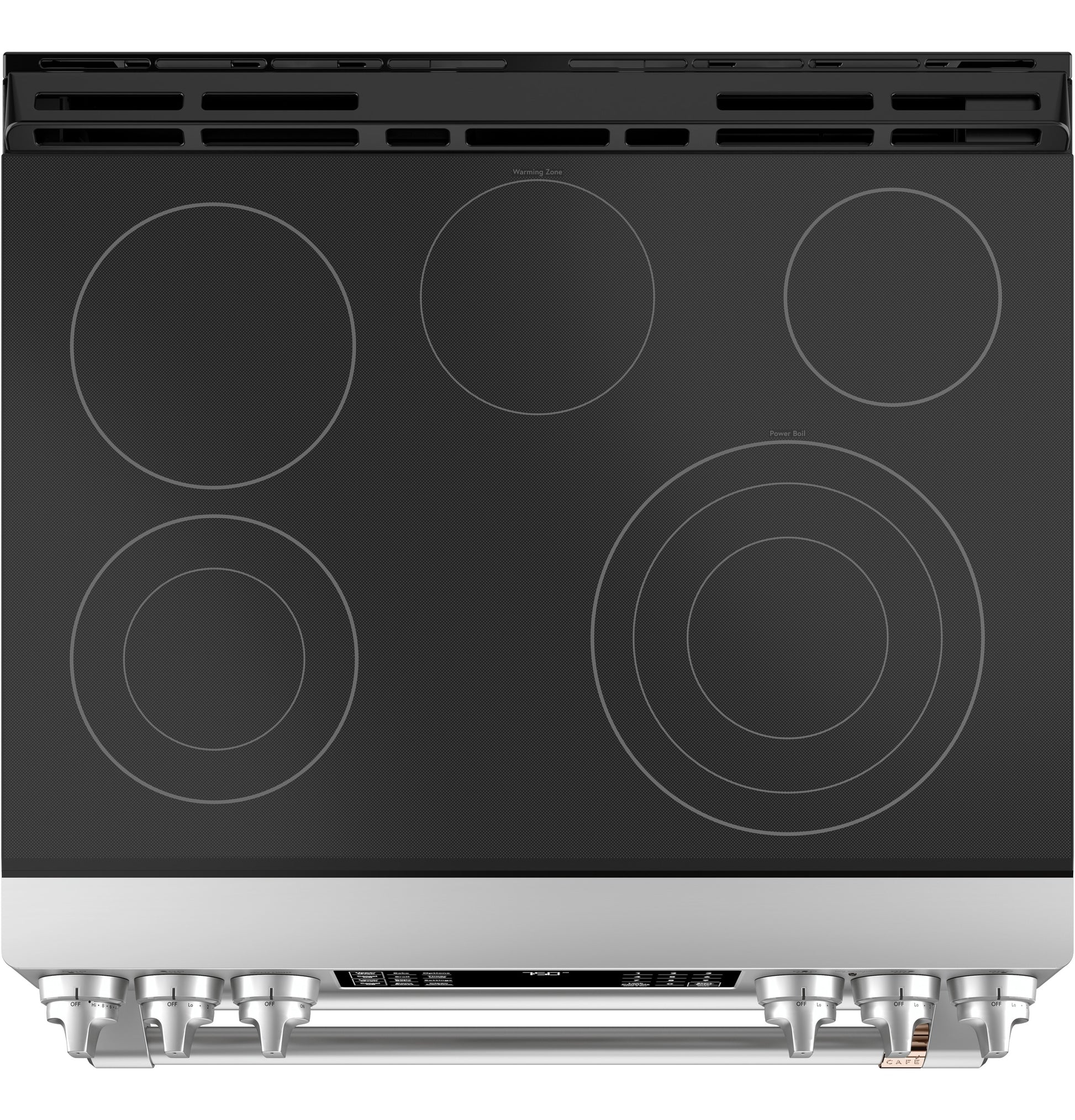 Top view of stainless steel smart slide-in range with radiant cooktop and multiple heating elements in kitchen collection