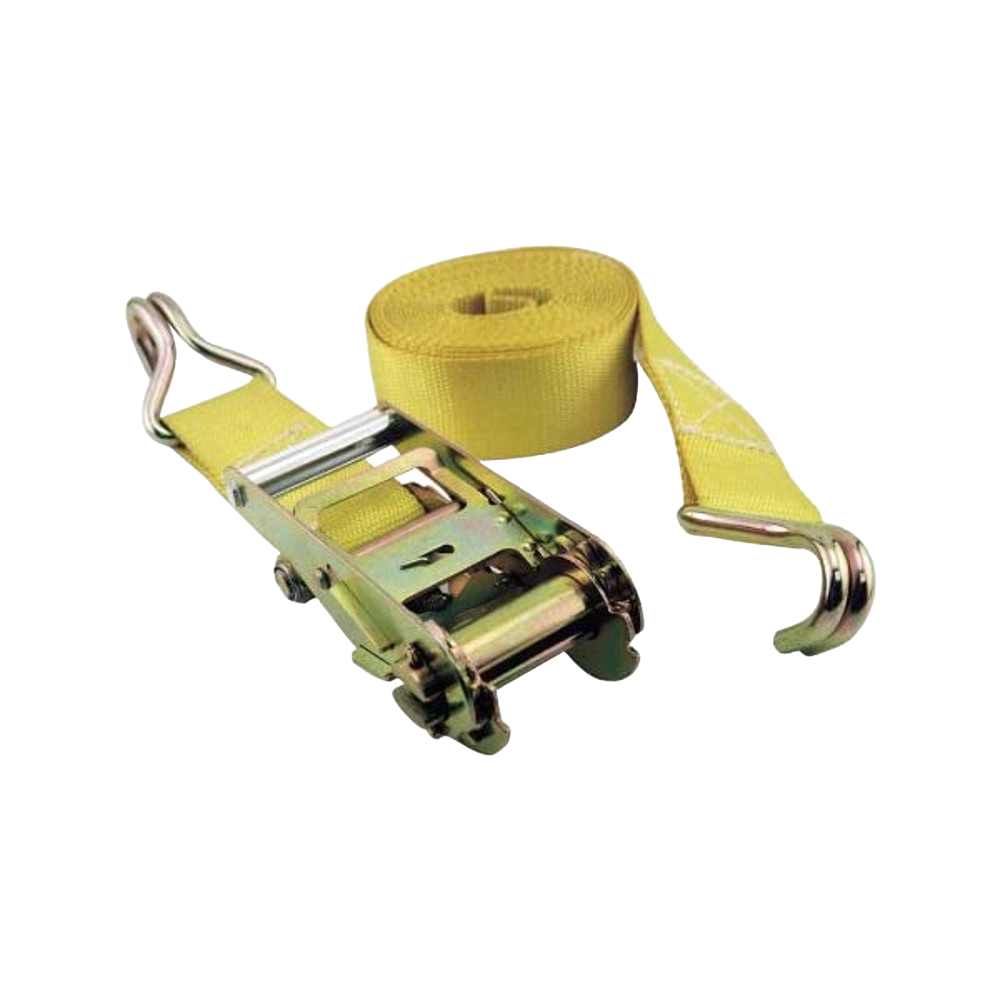 Yellow polyester ratchet strap with metal double J hooks and heavy-duty ratchet for cargo tie-down and towing use