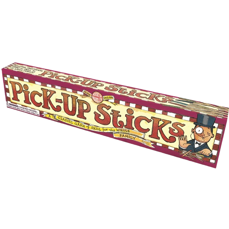 Vintage-style rectangular game box for pick-up sticks featuring colorful lettering and cartoon character illustration