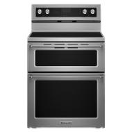 stainless steel 30-inch electric double oven range with five burners and digital knobs in KitchenAid appliances collection