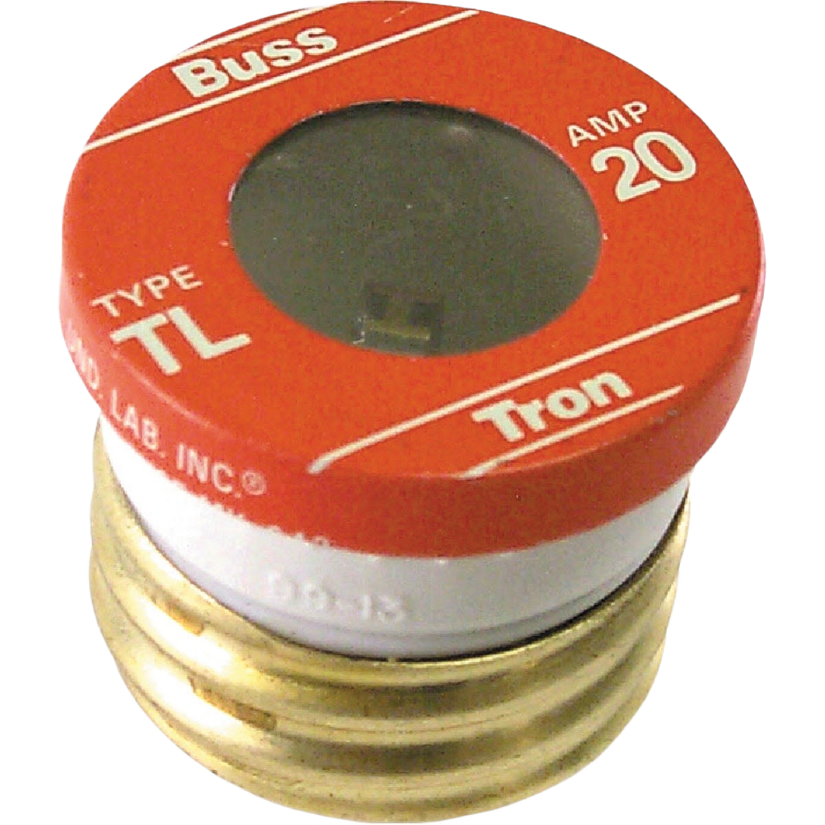 Red and white plug fuse with brass base rated for 20 amps for electrical tools and home improvement projects