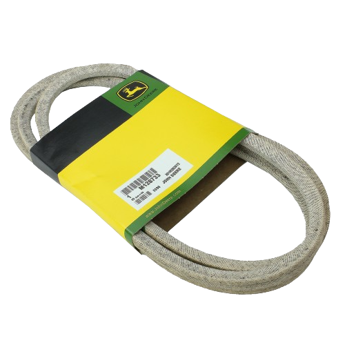 Wrapped mower deck drive V-belt with green and yellow John Deere brand packaging for outdoor tool maintenance