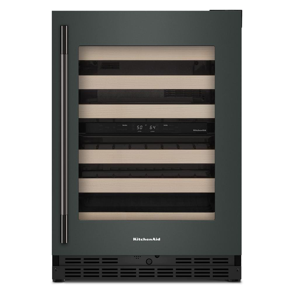 24-inch undercounter wine cellar with full-extension wood racks, digital display, and stainless steel handle in kitchen setting