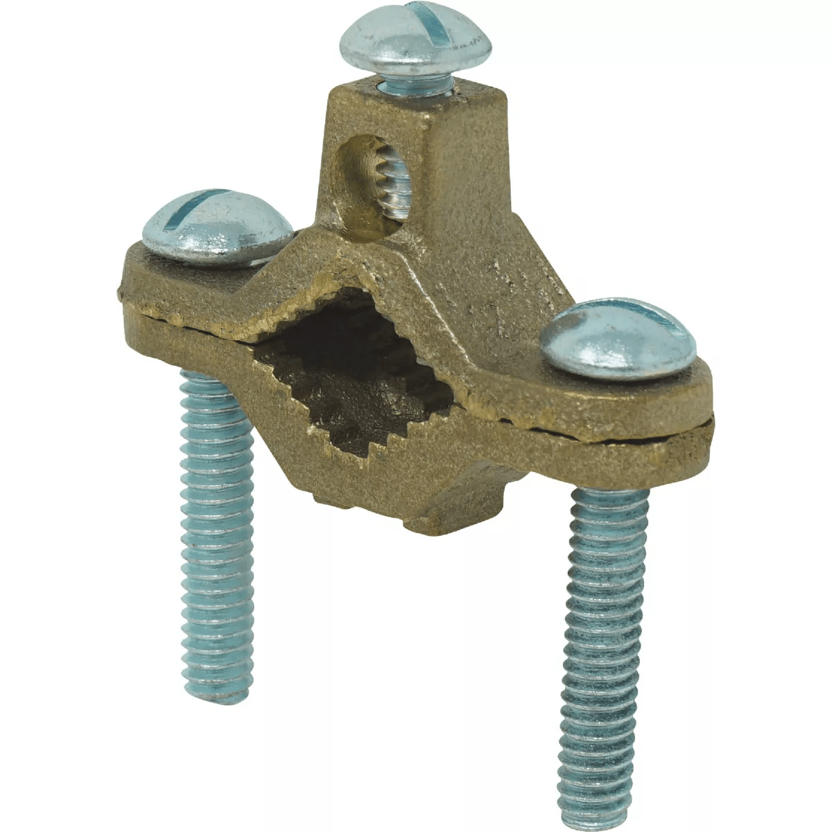 Bronze ground clamp with three screws for securing copper wiring to pipes in home improvement and household items collections