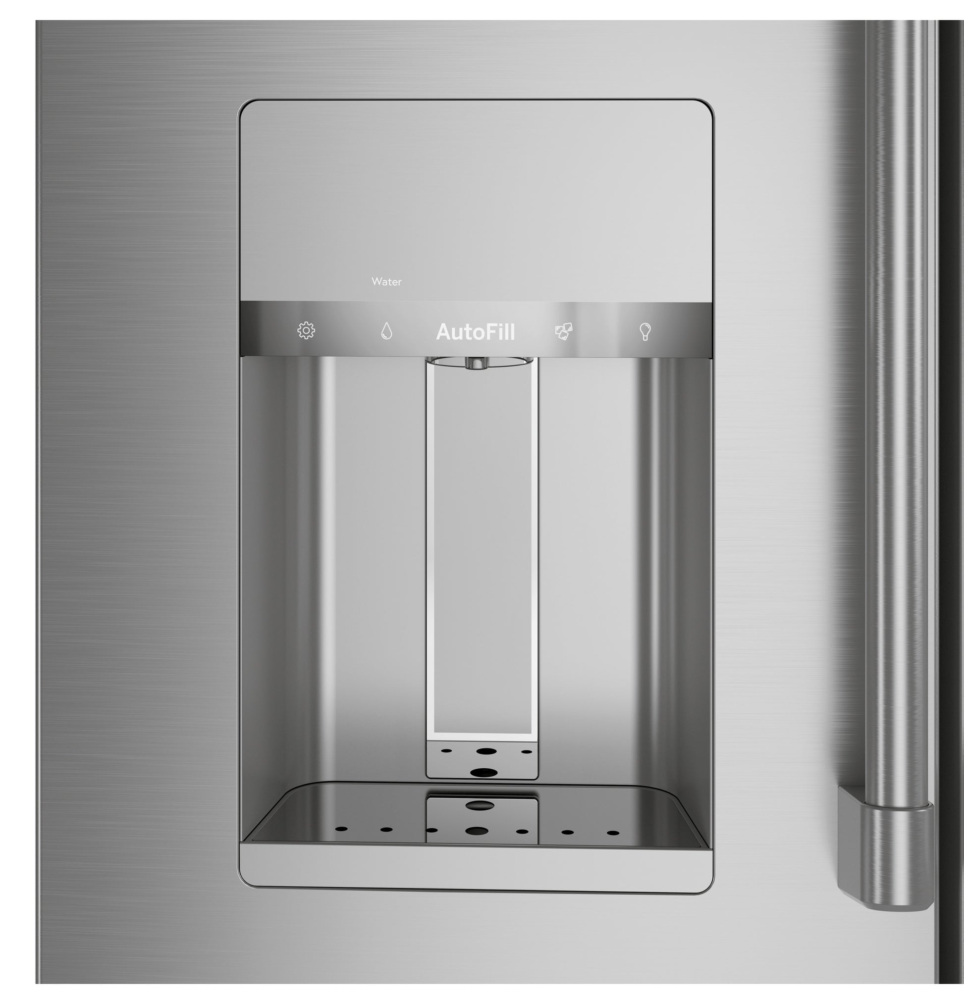 Stainless steel refrigerator water dispenser with AutoFill feature and touch control panel in kitchen appliances collection