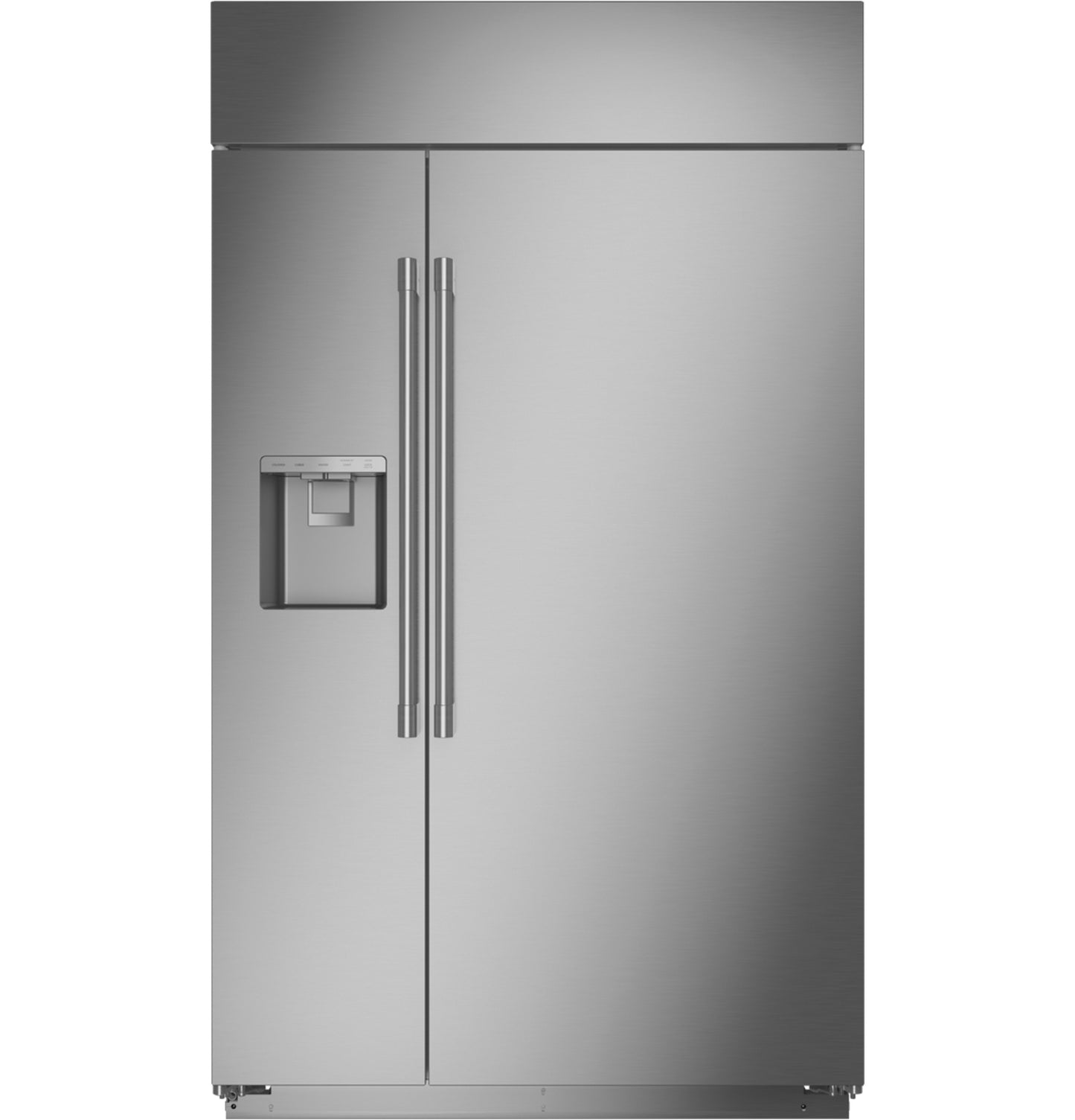 Stainless steel built-in side-by-side refrigerator with dispenser and vertical handles from kitchen appliances collection