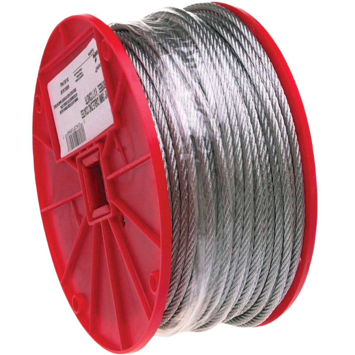 Galvanized wire cable tightly coiled on a red spool for home improvement and tool applications