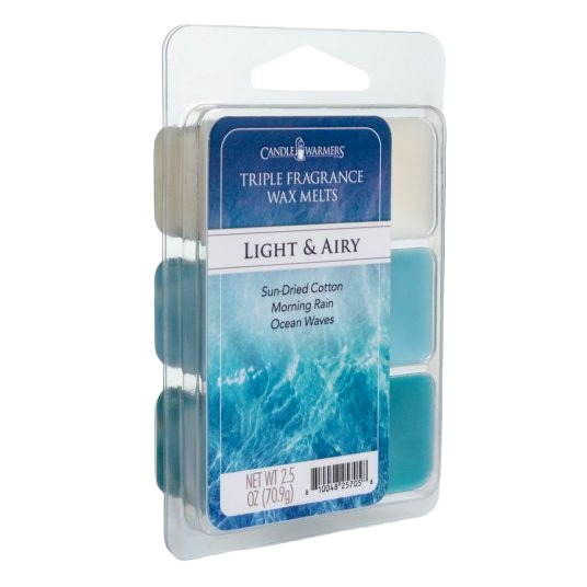 Triple fragrance wax melts pack with light blue cubes scented with cotton, rain, and ocean inspired aromas for home use