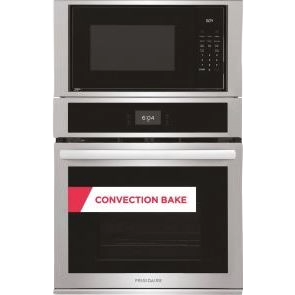Stainless steel 27-inch electric wall oven and microwave combo with digital controls in kitchen appliance setting