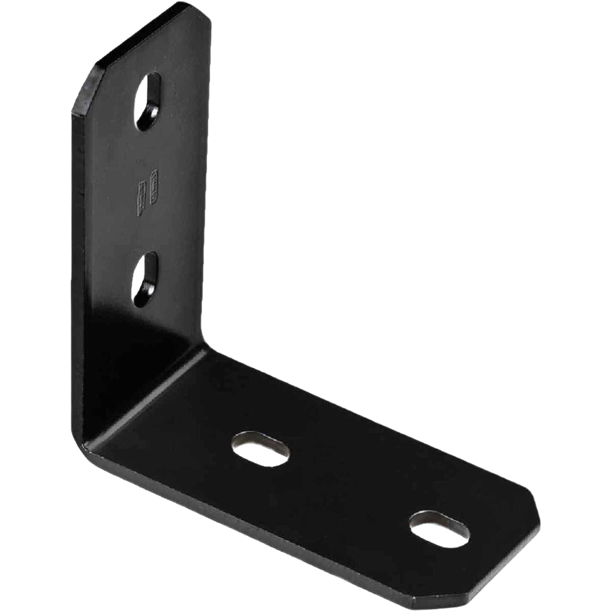 Black structural corner brace with slots for carriage bolts for reinforcing 90-degree angles in building hardware collections
