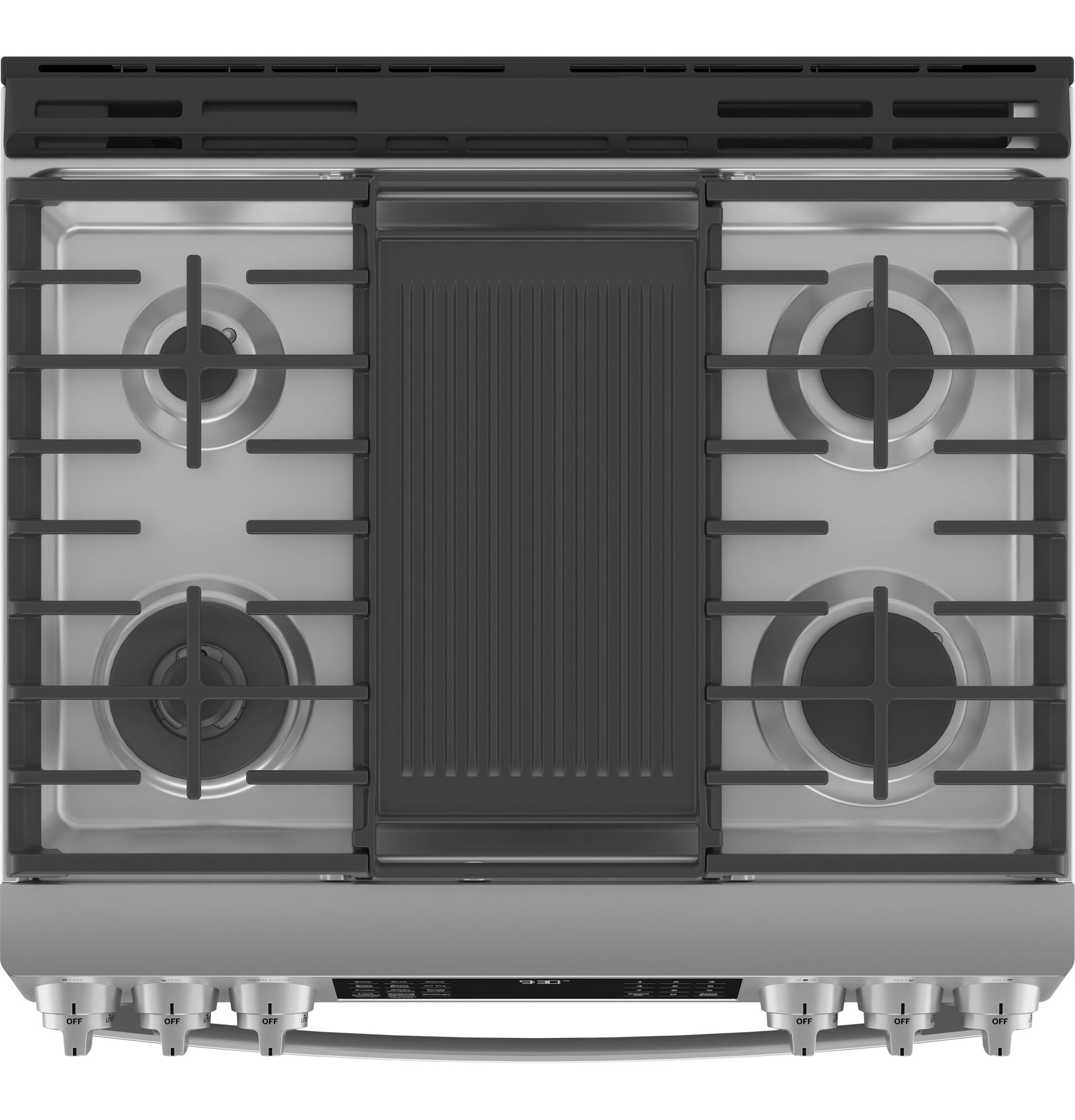 Top view of stainless steel gas range cooktop with four burners, central griddle, and front control knobs for kitchen appliances