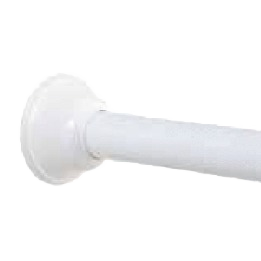Close-up of a white aluminum adjustable tension shower rod installed for home improvement use