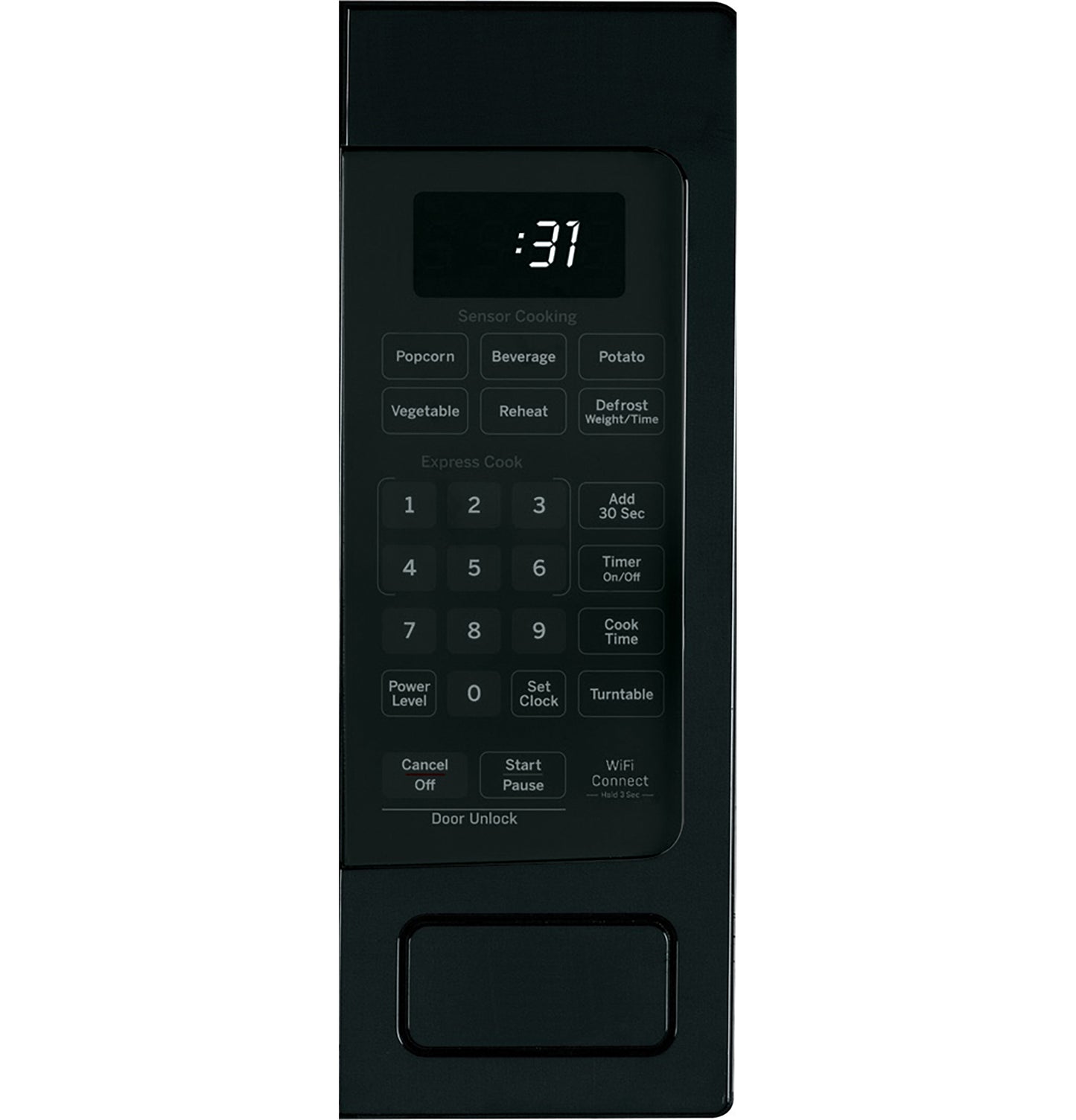 Close-up of black microwave control panel with digital timer and various preset cooking buttons for kitchen use