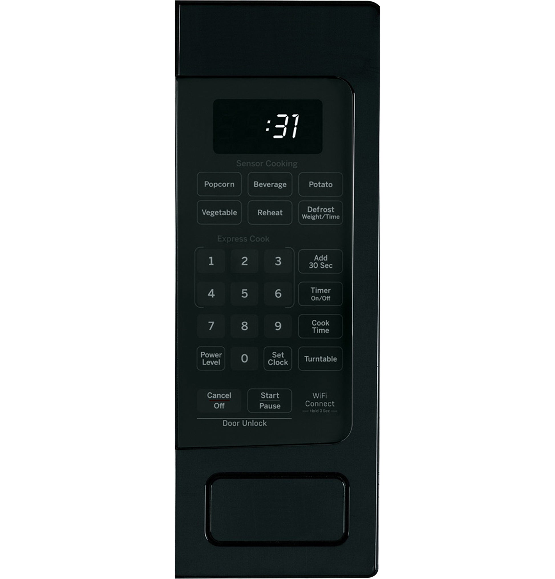 Close-up of black microwave control panel with digital timer and various preset cooking buttons for kitchen use