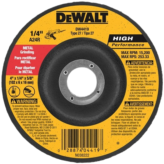 Yellow and black metal grinding wheel with center hole for power tools in home improvement and metalworking tasks