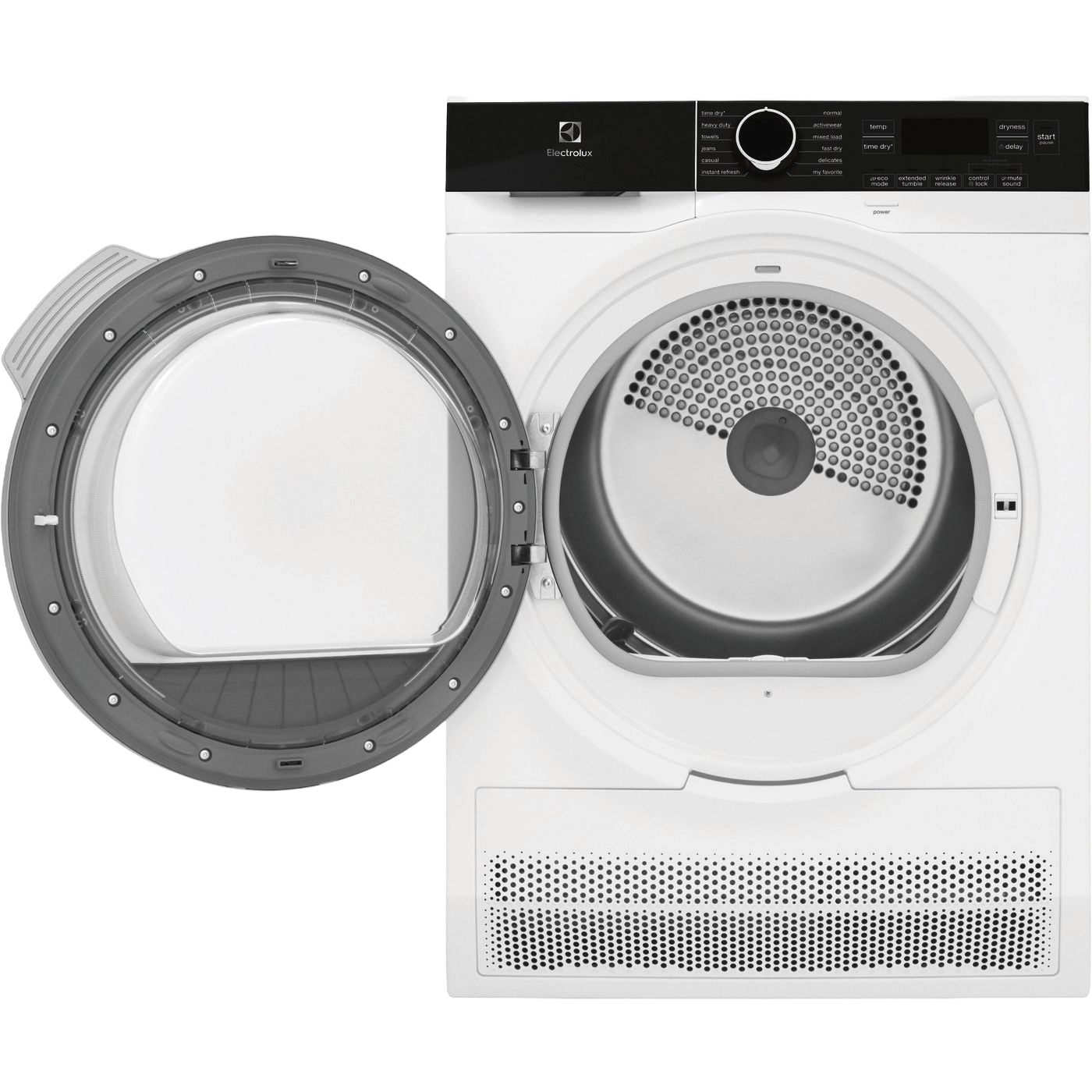 White compact ventless front load dryer with open door and control panel, part of dryers and appliances collection