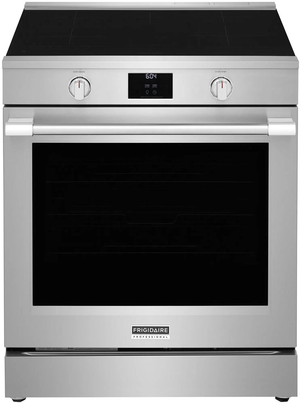 Front view of stainless steel 30-inch induction range with digital display and dual control knobs from Ranges & Kitchenware collection