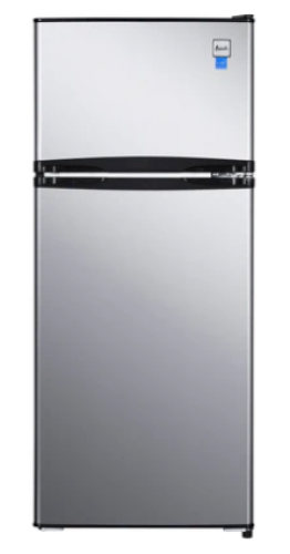 Compact two-door refrigerator with stainless steel finish for kitchen and appliance collections in home improvement.