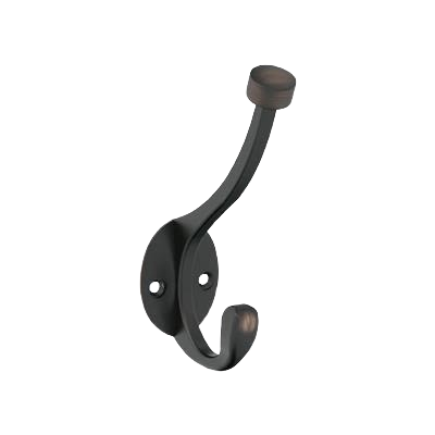 Oil-rubbed bronze two-prong wall hook with rounded ends for hanging in home improvement projects