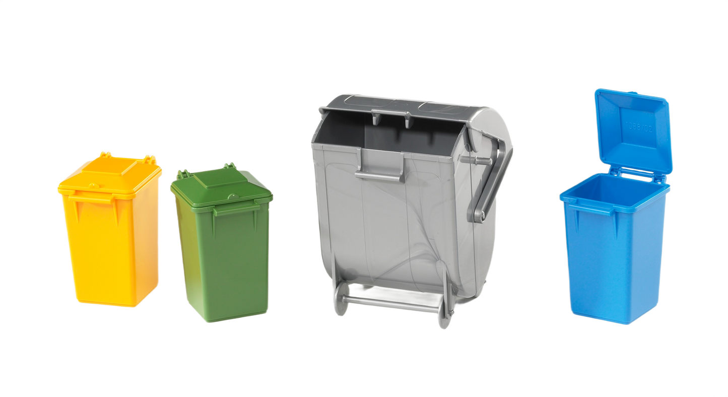 Set of four miniature Bruder Toys garbage cans in yellow, green, gray, and blue for home improvement play