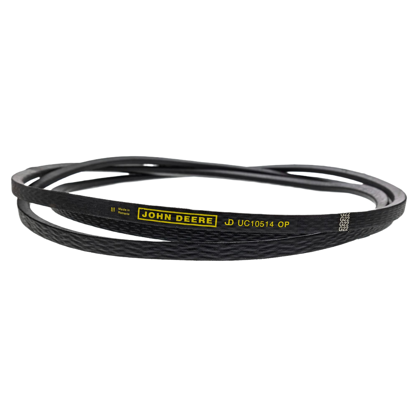 Black John Deere mower deck drive belt with yellow branding, part of automotive tools and parts accessories collection