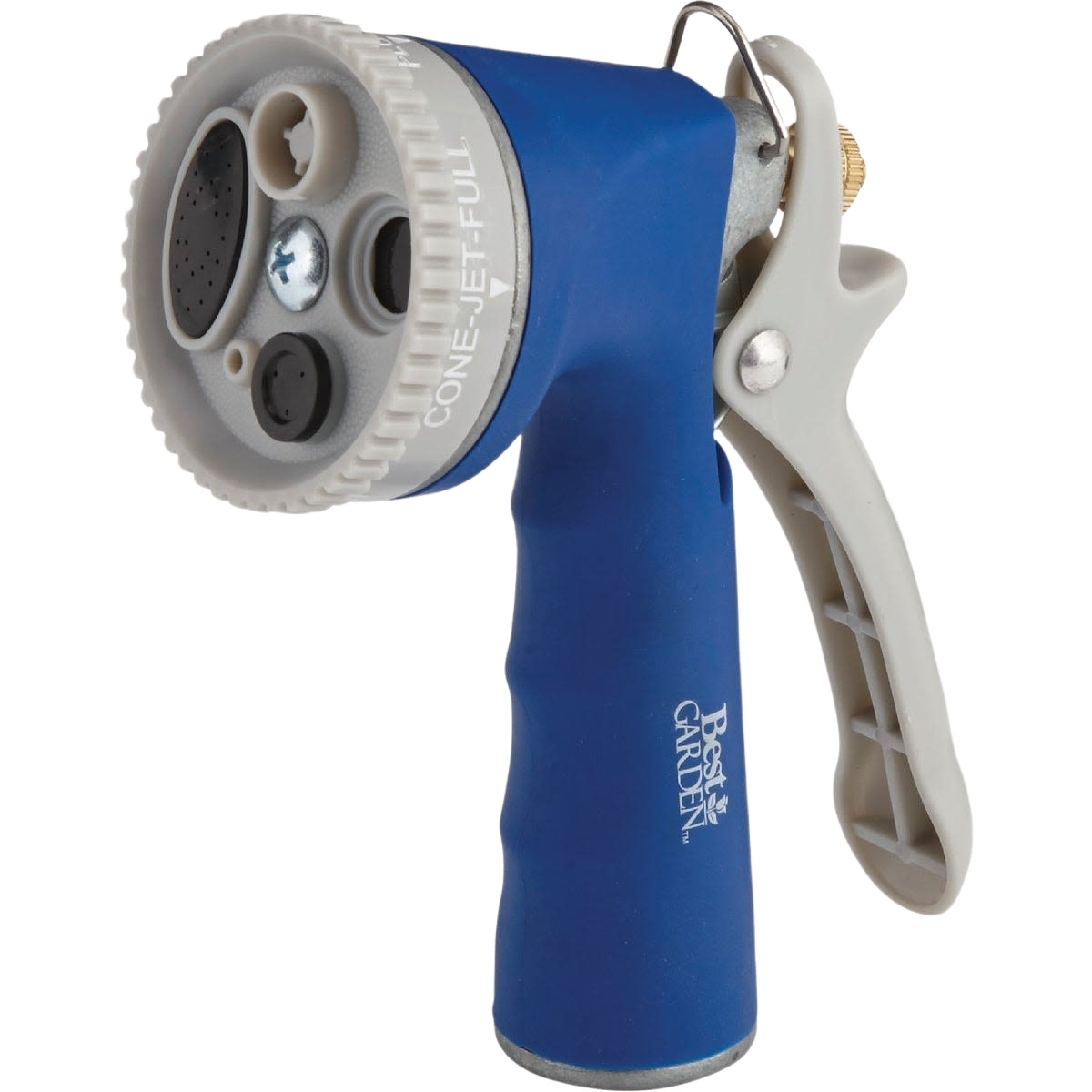 Blue and gray metal garden nozzle with five spray patterns and rubber comfort grip for tools and home improvement tasks