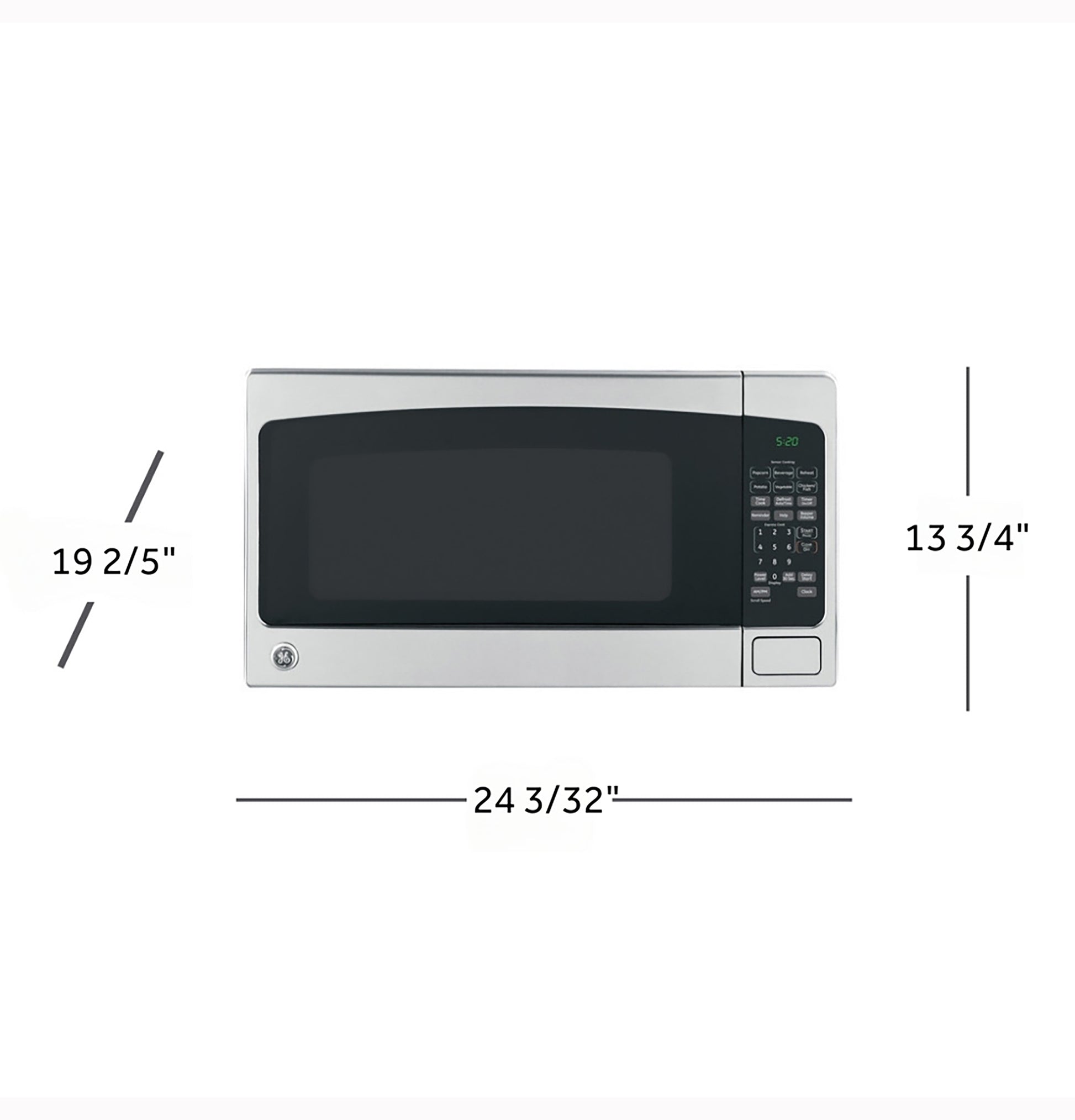 Stainless steel countertop microwave oven with digital control panel and clear display measuring 24 inches wide