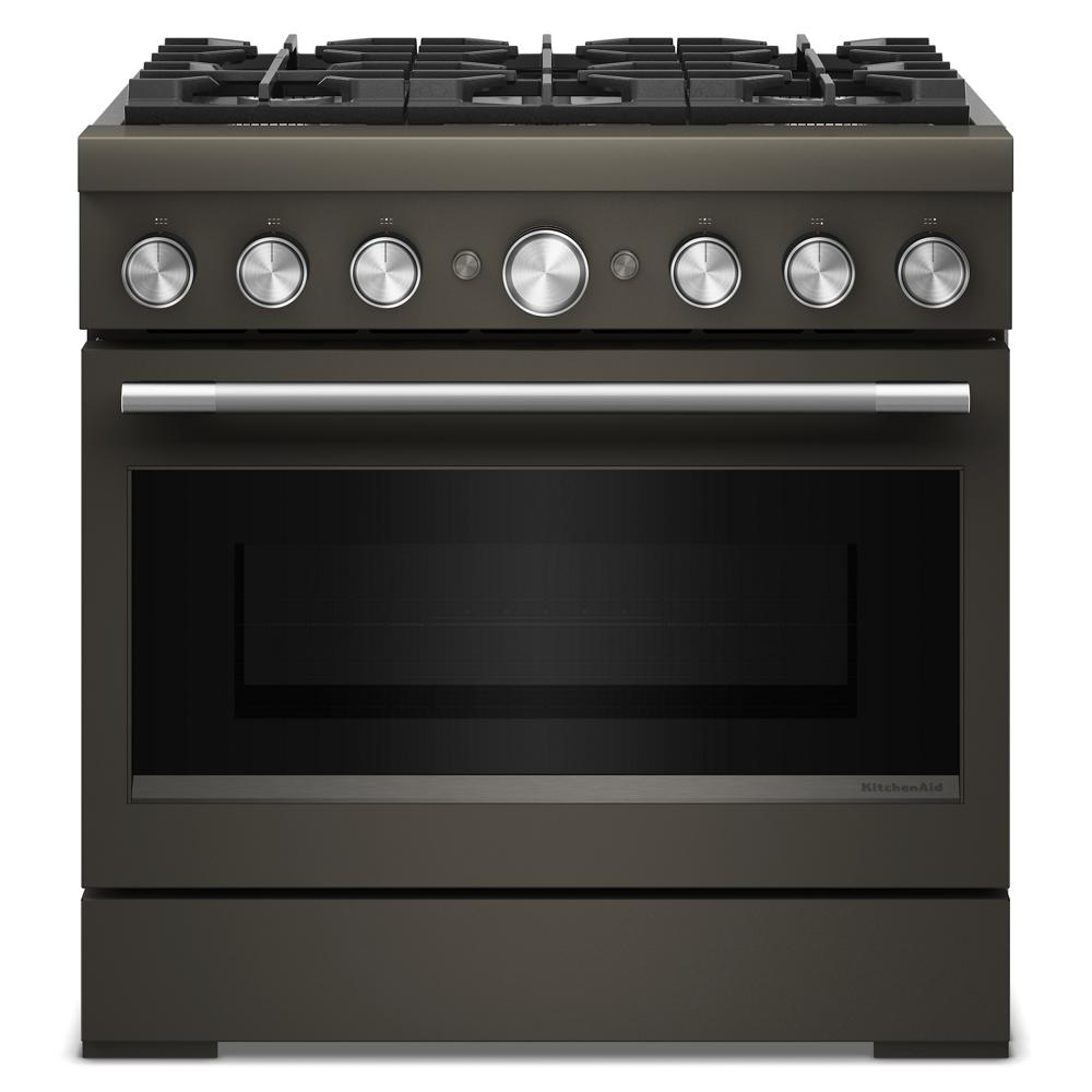 Front view of black 36-inch commercial-style dual fuel range with six stainless steel control knobs and large oven window