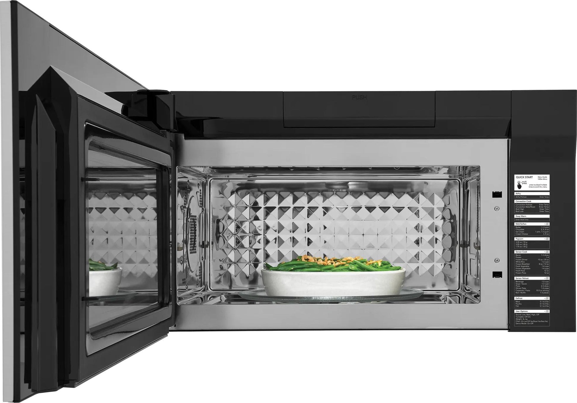 Over-the-range microwave in black and stainless steel with open door and bowl of food inside from Microwaves collection