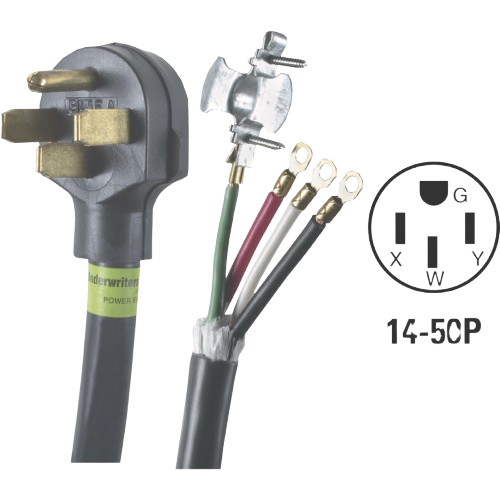 Black electrical range cord with four colored wires and a molded plug for tools and home improvement use