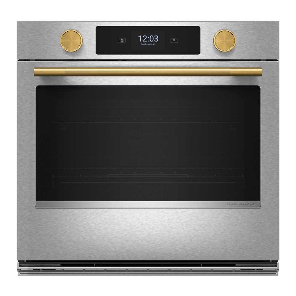 30-inch stainless steel electric wall oven with gold-tone knobs and handle, LED touchscreen from KitchenAid Appliances