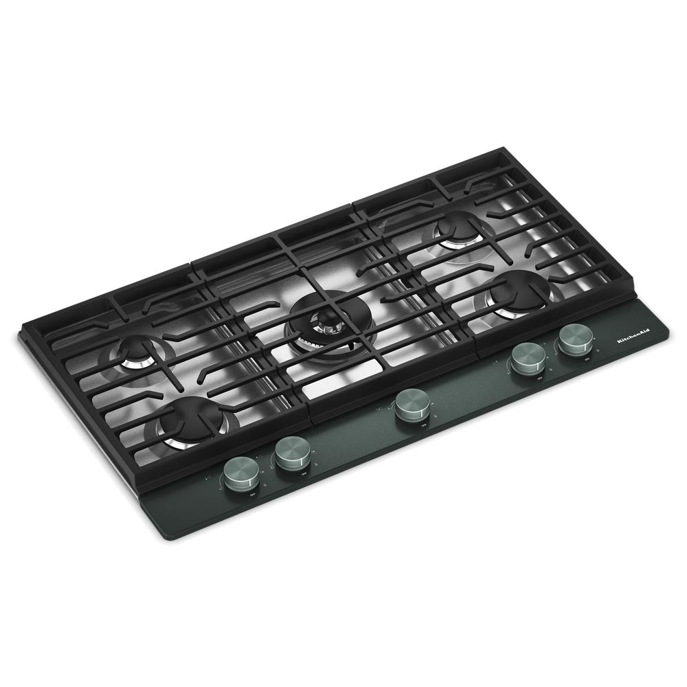 Angled view of a black KitchenAid 36-inch gas cooktop with five burners, integrated wok grate, and premium weighted knobs, part of Cooktops, Gas Cooktops, Kitchen & Kitchenware, All Products, KitchenAid, Appliances, and Ranges & Cooktops collections.