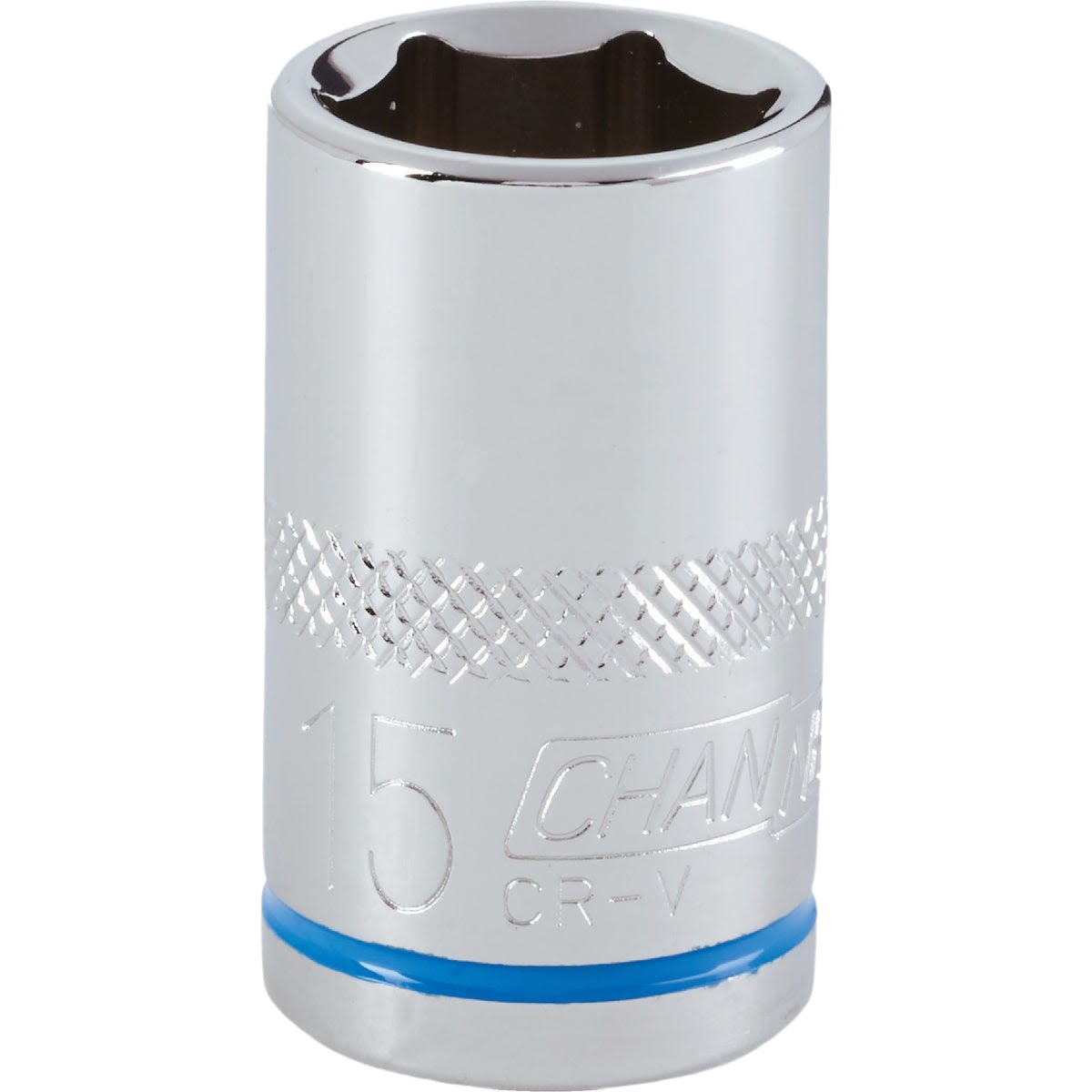 Chrome-plated shallow 15mm 6-point socket with knurled grip and blue accent for tools and home improvement tasks