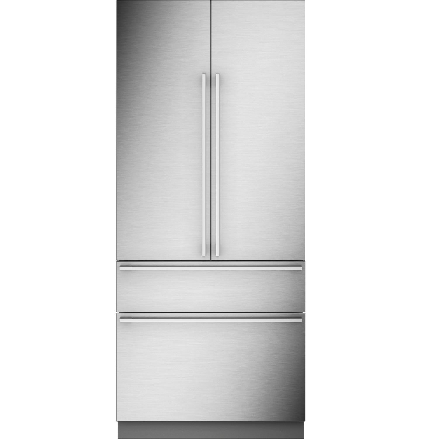 Brushed stainless steel integrated French-door refrigerator with dual freezer drawers in kitchen appliances collection