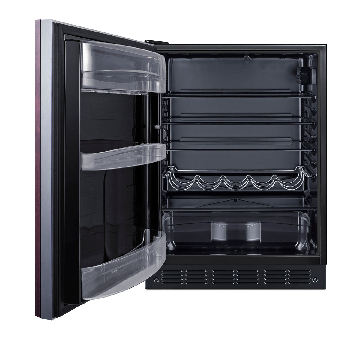 Open compact undercounter refrigerator with black interior, adjustable shelves, door bins, and wine bottle rack in kitchen setting