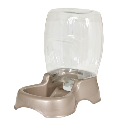 Tan gravity-fed pet waterer with large reservoir, designed for continuous hydration in pet and farm care under $50 collection