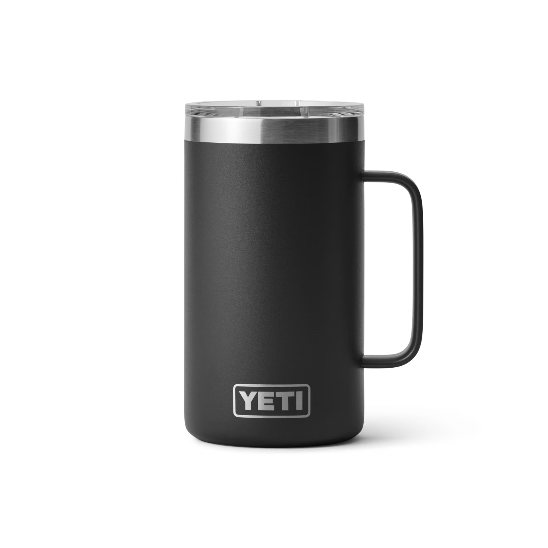 Matte black insulated stainless steel mug with clear lid and large handle from Drinkware and Kitchenware collections