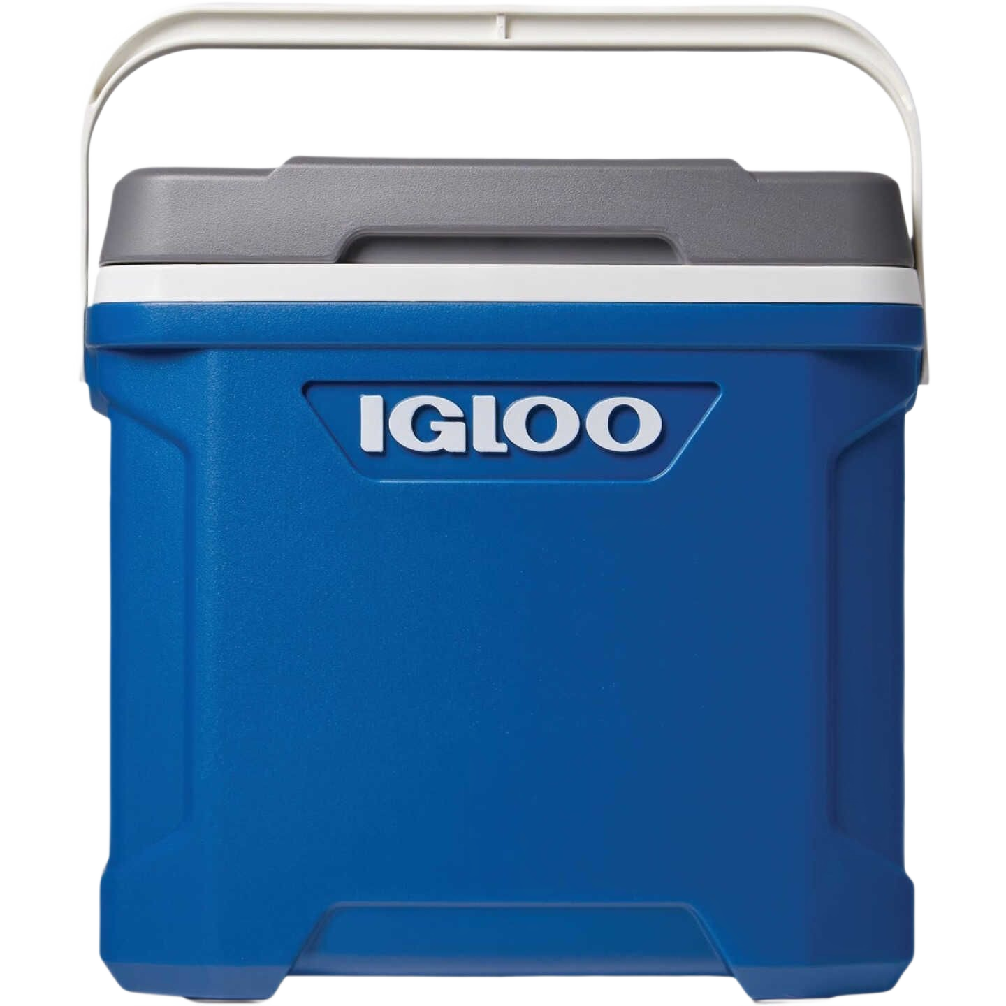 Compact indigo blue cooler with white handle and gray lid designed for outdoor and home improvement use