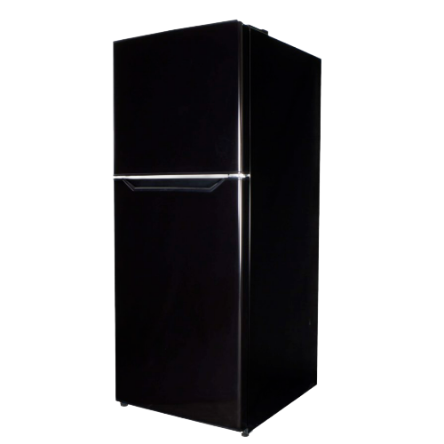 Compact black top freezer refrigerator with smooth finish, suitable for kitchens and small appliance spaces