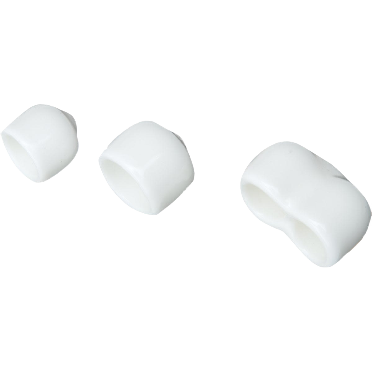 Set of white plastic end caps in small, large, and double sizes for profile shelf finishing in Storage & Organization collections