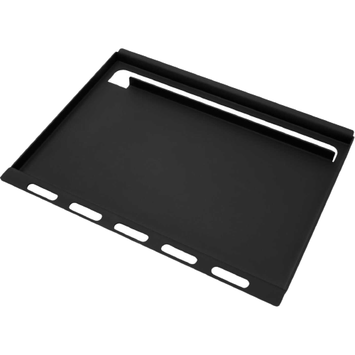 Black full-sized flat griddle with grease management channel for Weber Spirit 300 series grills in outdoor living collections