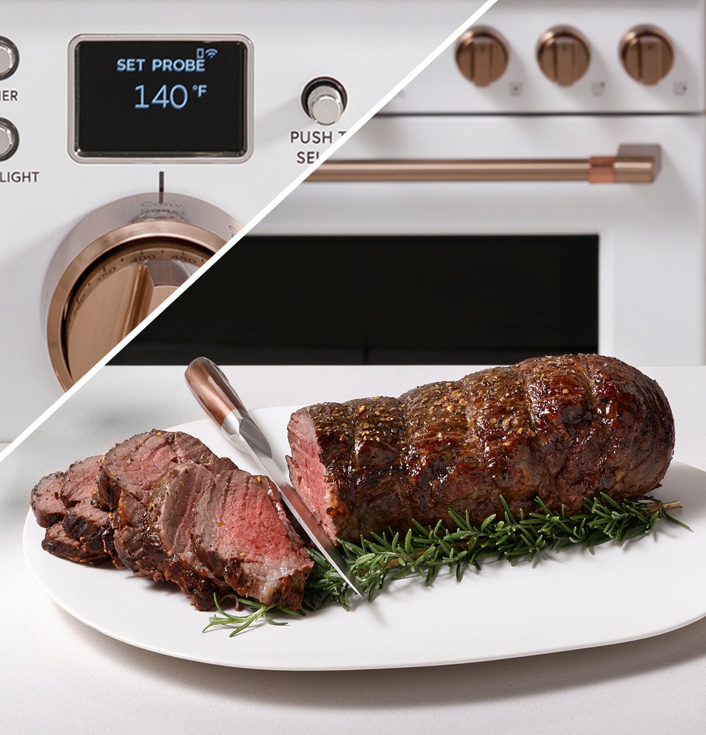 Close-up of smart gas range control panel showing temperature set to 140°F and sliced roast beef on white plate with rosemary garnish