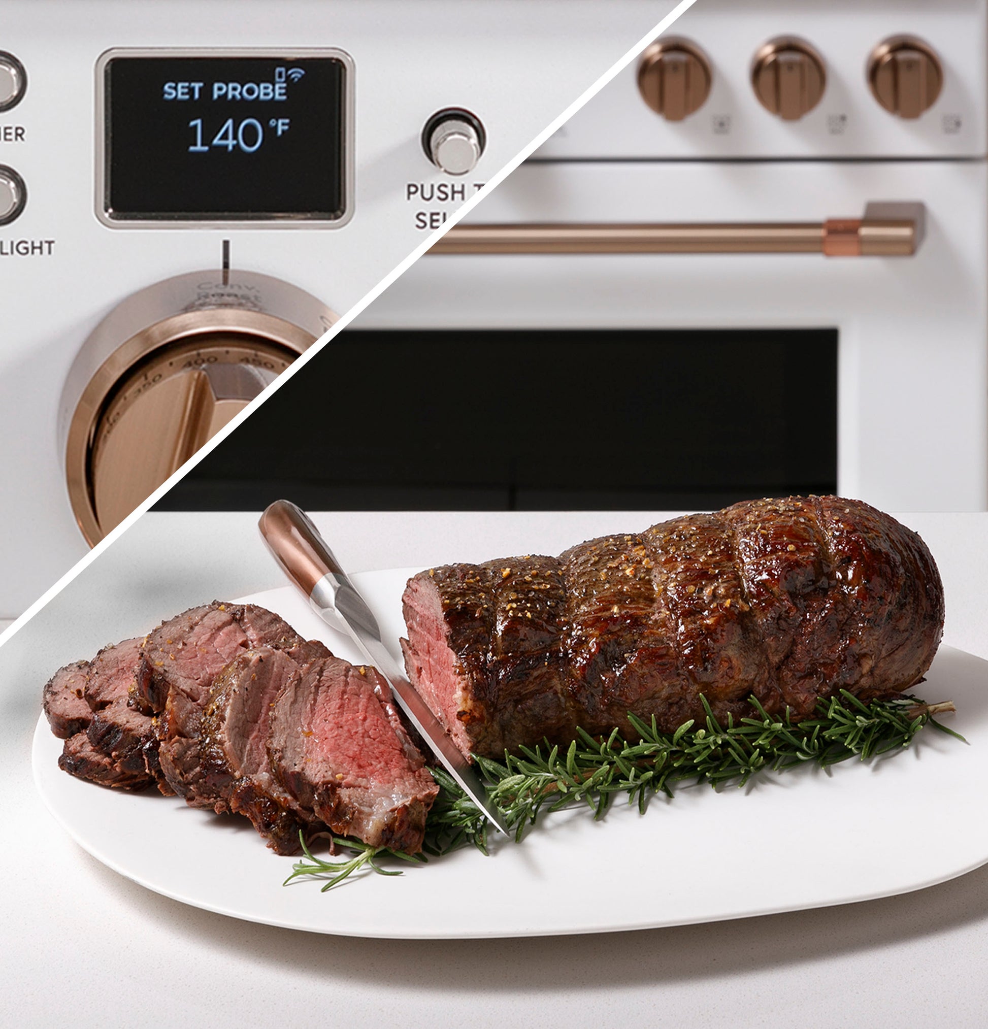 Close-up of smart gas range control panel showing temperature set to 140°F and sliced roast beef on white plate with rosemary garnish